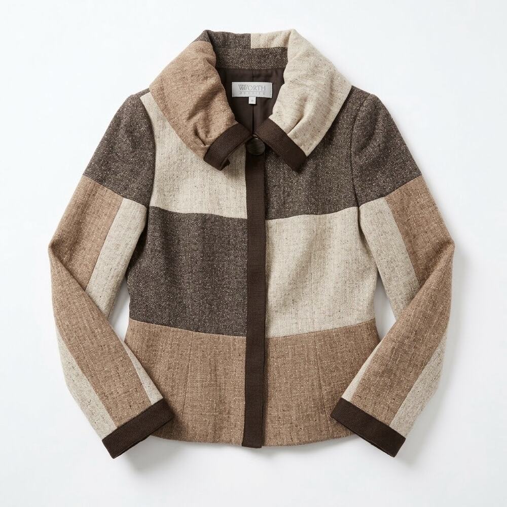 Worth Tweed Button Up Jacket Rolled Collar Brown Tan Plaid Womens 10 Petite 10P